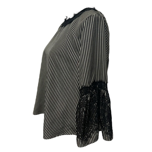 THML Blouse Womens Medium Black White Strip Lace 3/4 Sleeve Velvet Back Tie - Picture 15 of 16